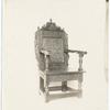 Chair, carved oak wainscot, English, before 1600, brought over about 1634 by the Dennis family.