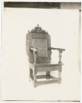 Chair, carved oak wainscot, English, before 1600, brought over about 1634 by the Dennis family.