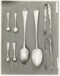 Spoons, salt spoons and sugar tongs.