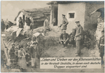 Leben und Treiben vor den Albanesenhütten in der Vorstadt Ueskübs, in denen auch deutsche Truppen einquartiert sind.