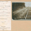 Photograph of man walking on railroad track mounted with title page of "Memoirs of Aaron Burr."