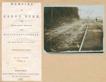 Photograph of man walking on railroad track mounted with title page of "Memoirs of Aaron Burr."