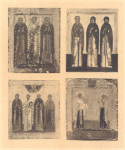 Svv. izbrannye ,mezhdu dvukh prepodobnykh, sv. Ioann Zlatoust; Svv. Antonii Rimlianin, Nikolai Chudotvorets, Varlaam Khutynskii i muchenitsa; nad sviatymi blagoslovliaiushchii obeimi rukami Gospod' Emanuil ; Sv. Mariia Magdalina, svv. kniaz' Petr i kniaginia Fevroniia Muromskie ; Svv. Feodot i Agafiia.