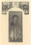 Verkh ot Tsarskikh Dverei, s izobrazheniem Prichashcheniia; v seredine izobrazhen Prestol Obetovaniia ; 1) naverkhu-Bozhiia Mater' Kazanskaia, 2)nezhnee pole-svv. apostol Petr, Anna prorochitsa i sv. velikomuchenitsa Ekaterina.