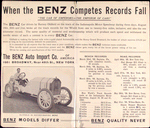 When the Benz competes records fall; The Benz car driven by Barney Oldfield; Oldfeild in record-making Benz.
