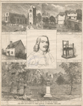 John Bunyan; Elstow Church; Bedford Gaol; Bunyan's house; Bunyan's chair; The new monument to John Bunyan, at Bedford, England. (The statue presented to the town by the Duke of Bedford.)
