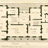 Ground plan: Hall, steward's room, study, dining room, tea room, drawing room, breakfast room, library, dressing room, bed room and anti room. (view of the house in P. XXXII)