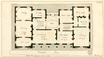Ground plan: Hall, steward's room, study, dining room, tea room, drawing room, breakfast room, library, dressing room, bed room and anti room. (view of the house in P. XXXII)