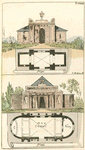 Two different views and building plans for chapels.
