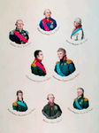 Portraits of Alexander I, and Napoleon Bonaparte with their respective staffs at the Erfurt Conference of 1808