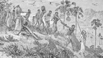 Illustration of armed slave traders capturing and leading group of enslaved persons