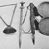 Native harp, sword, and scabbard, and Mandingo wooden plates from north-western Liberia