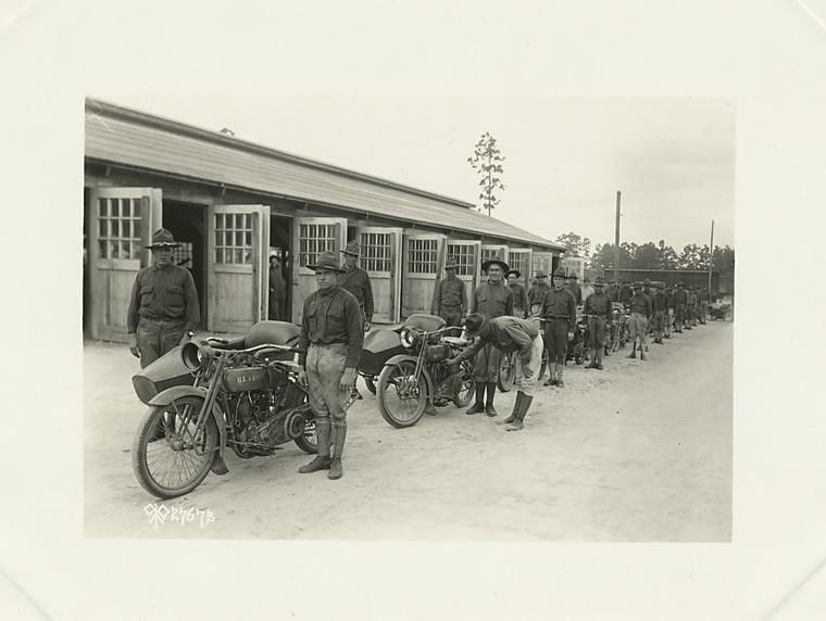 Motorcycles lined up for inspection - NYPL Digital Collections