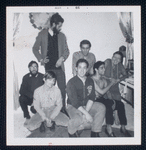 Caffe Cino. Charles Stanley and John Torrey (back row), Bob Savage, Johnny Dodd, Joe Cino, Eddie Barton, and Mary Boylan (all seated) on set of "A Letter from Colette, or, Dreams Don't Send Valentines" by H.M. Koutoukas