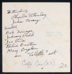 Caffe Cino. Charles Stanley and John Torrey (back row), Bob Savage, Johnny Dodd, Joe Cino, Eddie Barton, and Mary Boylan (all seated) on set of "A Letter from Colette, or, Dreams Don't Send Valentines" by H.M. Koutoukas