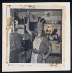Caffe Cino. Deborah Lee in the kitchen, possibly during production of the Palm Sunday Spectacular, April 1966