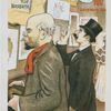 Affiche pour la "7e Exposition du Salon des Cent". Au premier plan, Paul Verlaine; très fidèle portrait du poète. Au deuxième plan, M. Jean Moréas.