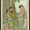 Bored woman leans on railing and speaks to a man and a woman