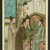 Five women stand and talk around a table