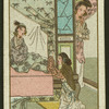 Woman watches another woman kneel at the foot of a third woman's bed