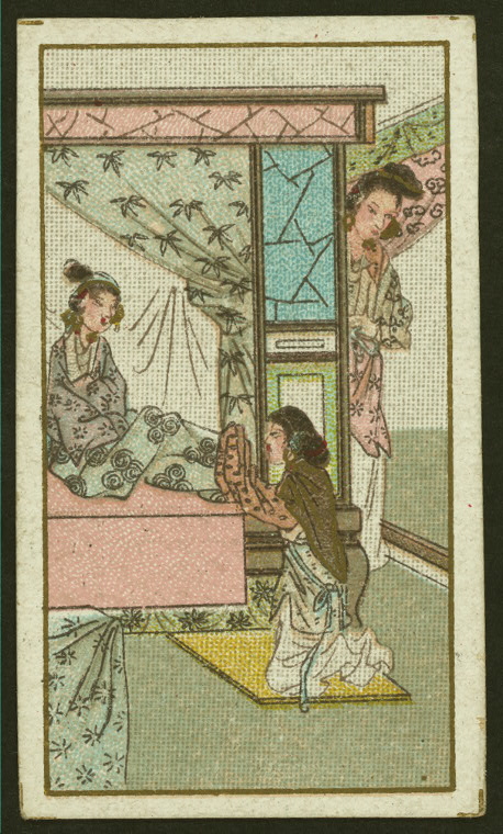 Woman Watches Another Woman Kneel At The Foot Of A Third Womans Bed