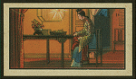 Domestic night scene, woman thinking at table.