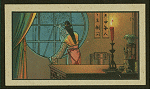 Night bedroom scene, woman at window.