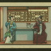 Domestic scene, woman and man at table.