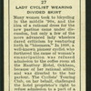 Lady cyclist wearing divided skirt.