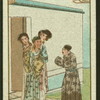 Man and two women talk to a woman on front step of a house.