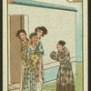 Man and two women talk to a woman on front step of a house