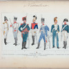 Nederlanden. Légion Belge en 1814: 1. Officier d'Infanterie, 2. Soldat d'Infanterie, 3. Artillerie à cheval, 4. Carabinier Belge. 5. Hussard Belge de Croy, 6. Chevau-Léger Belge, 7. Maréchaussée. (1814)