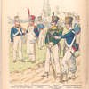Niederlande. National-Miliz. Soldat und Korporal-Sappeur; Linien-Infanterie Officier; Jäger, Soldaat einer Flank-Kompagnie; Linien-Infanterie Füsillier [und] Spielman. 1815