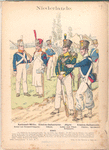 Niederlande. National-Miliz. Soldat und Korporal-Sappeur; Linien-Infanterie Officier; Jäger, Soldaat einer Flank-Kompagnie; Linien-Infanterie Füsillier [und] Spielman. 1815