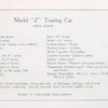 Model "Z" Touring car; Price, $ 4500.00; [Specifications].