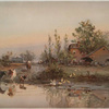 A print depicting a road, houses, barns, ducks, cows, horses with riders, wagons, trees and a pond with reflections.