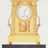 Empire style. Clock in bronze doré placed on ebony base. With 3 classic figures below the dial and angels blowing trumpets