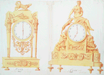 Empire style clocks. A. Seated on top of dial a draped female figure with a lamb. B. With ornamented motif of birds, ears of wheat and arabesques
