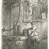 Petite femme tenant un sceau au bord d'un puits.