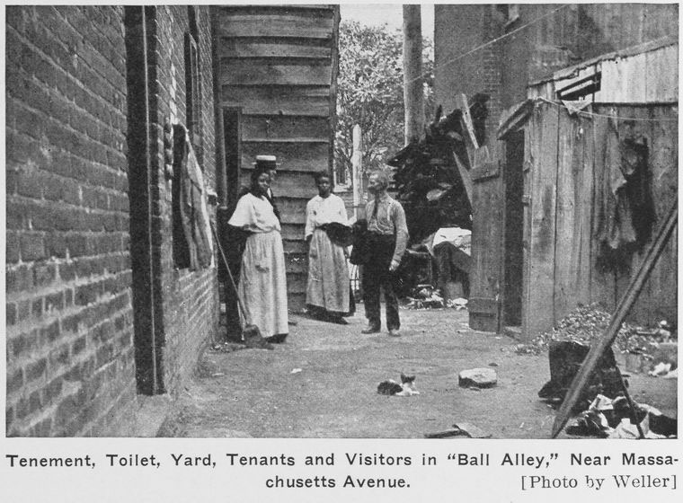 Tenement, toilet, yard, tenants and visitors in "Ball Alley" NYPL