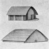 Evolution of the Negro home; Dwelling - hut [6 x 10 meters] and palace of the king [25 x 50 meters, 17 meters high], Monbuttos [Schweinfurth].