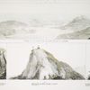 Suite de la panorama de la baie de Rio de Janeiro [above]; Rond-Point mênagé pour la station ombragée des chevaux des voyageurs; Profil du bloc de granit qui forme la sommité presque nûe du pic; Tronc d'arbre sur lequel l'empereur D. Pedro grava son chiffre, et la date da mois et de l'année de l'achèvement du chemin praticable. Travail tracé et dirigé par lui personnelment [below].