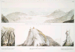 Suite de la panorama de la baie de Rio de Janeiro [above]; Rond-Point mênagé pour la station ombragée des chevaux des voyageurs; Profil du bloc de granit qui forme la sommité presque nûe du pic; Tronc d'arbre sur lequel l'empereur D. Pedro grava son chiffre, et la date da mois et de l'année de l'achèvement du chemin praticable. Travail tracé et dirigé par lui personnelment [below].