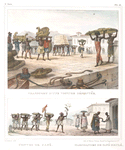 Transport d'une voiture démontée [above]; Convoi de café. Marchandes de café brûlé [below].