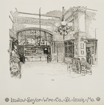 Interior of library with decorative metalwork arch, column, and hanging lamps.