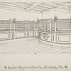 Interior of a bank with decorative metalwork ceilings, grille, sconces, and paying teller plaque.