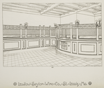 Interior of a bank with decorative metalwork ceilings, grille, sconces, and paying teller plaque.