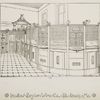 Interior of a bank with decorative metalwork sconces, plaques, and grille.