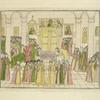 Vshed v Tserkov’ Tsar’ i Tsarevna stali protiv Tsarskikh dverei. A kto so svechami, stali napravo protiv Patriarsha mesta, a s korovai stali blizko klirosa levago. A u levago stolpa postavlena byla skameika i kovrom zolotnym Persidskim postlanana. A posle togo Tsar’ i Velikii Kniaz’ i Tsarevna shli k venchaniu, i stali blizko ot Tsarskikh dverei. A v podnozhie pod Gosudaria i Godudaryniu stlali chervchatuiu kuvter’ na kotoroi polozheno bylo sorok sobolei.