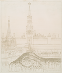 Krasnaia ploshchad'. Tserkov' Troitskaia. Spasskii most. Spasskaia bashnia. Ivanovskii stolp.Glavy Voznesenskago monastyria. Verkh Chudova monastyria.Tserkov' Novospasskago monastyria. Arkhiepiskop riazanskii Feodorit, boiarin Morozov i kelar' Avraamii obiavliaiut ob izbranii
